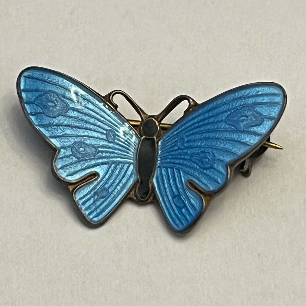 Vintage Norwegian  N.M. Thune Sterling Silver 925 Blue Enameled Butterfly Pin